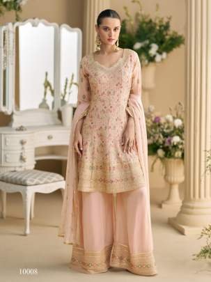 Sayuri Designer Mohini Full Stitched Salwar Kameez Palazzo Suit With Heavy Georgette Fabric And Embroidery Swarovski Work Peach Color DN 10008