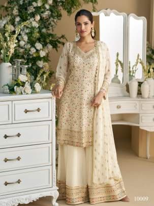 Sayuri Designer Mohini Full Stitched Salwar Kameez Palazzo Suit With Heavy Georgette Fabric And Embroidery Swarovski Work Beige Color DN 10009