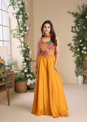 Sayuri Designer Moon Heavy Chinon Silk Premium 3 Piece Indo Western Orange Color DN 10048