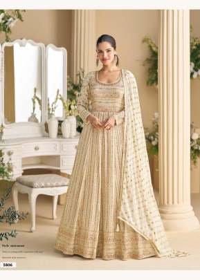 Sayuri Designer Parampara Anarkali Gown Real Premium Georgettee With Heavy Embroidery Seroski Zarkan Work Cream Color  DN 5806