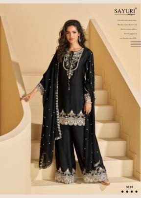 Sayuri  Designer Reyna Palazzo Suit And Chinnon With Embroidery And Sequence With Thread Work Black Color DN 5813