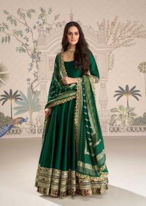 Sayuri Designer Roshni Premium Heavy Real Vichitra Silk Rich Embroidery Sequence Work Designer Anarkali Gown Green Color DN 10040