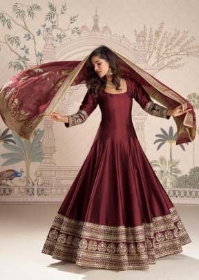 Sayuri Designer Roshni Premium Heavy Real Vichitra Silk Rich Embroidery Sequence Work Designer Anarkali Gown Maroon Color DN 10041