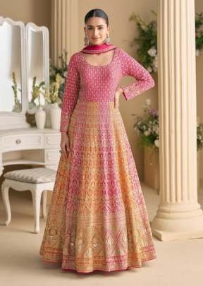 Sayuri Designer Rutba Premium Real Georgette Heavy Seroski Zarkan Embroidery Work Anarkali Gown Pink And Orange Color DN 5810