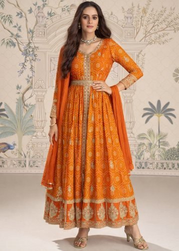 Sayuri Designer Sakshi DN 10139 Chinon Silk With Embroidery Work Anarkali Gown Orange Color
