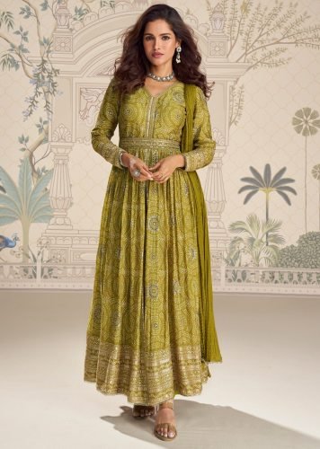 Sayuri Designer Sakshi DN 10141 Chinon Silk With Embroidery Work Anarkali Gown Mehndi Color
