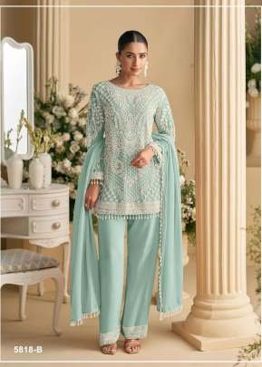 Sayuri Designer Sana Salwar Suit Palazzo Style Fox Georgette with Heavy Embroidered Beads & Sequence Work Cadet Blue Color DN 5818