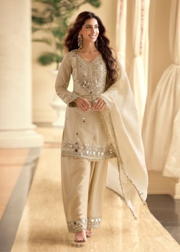 Sayuri Designer Simar Silk Mirror Work Punjabi And Patiala Salwar Suits Beige Sayuri Designer Mirror DN 10270