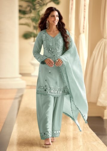 Sayuri Designer Simar Silk Mirror Work Punjabi And Patiala Salwar Suits Mint Green Sayuri Designer Mirror DN 10270