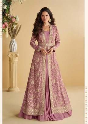 Sayuri Designer Tulip Anarkali Gown Shrug With Belt Real Premium Chinon Silk With Embroidery Work  Mauve Color DN 10092