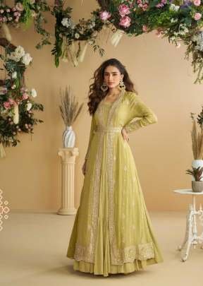 Sayuri Designer Tulip Anarkali Gown Shrug With Belt Real Premium Chinon Silk With Embroidery Work  Olive Green Color DN 10093