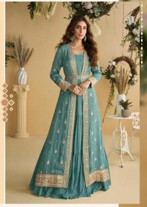 Sayuri Designer Tulip Anarkali Gown Shrug With Belt Real Premium Chinon Silk With Embroidery Work  Blue Color DN 10094