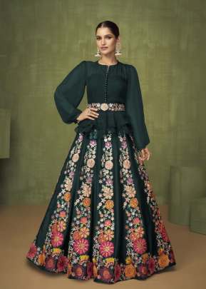 Sayuri Designer Violate Georgette With Sequence Work Wester Crop Top Lehenga Green Color DN 5206