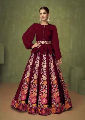 Sayuri Designer Violate Georgette With Sequence Work Wester Crop Top Lehenga Maroon Color DN 5206