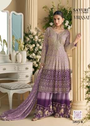 Sayuri Designer Virasat Real Georgette With Embroidery And Sequence Work Salwar Kameez Palazzo Suits Lavender Color DN 5805