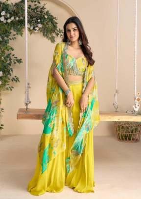 Sayuri Designer Wonaya Western Style Blouse  Palazzo Dupptta Heavy Chinon Silk With Embroidery Sequence Work Yellow Color DN 10051