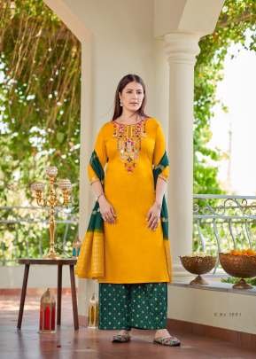 Season Embroidered Kurtis Palazzo With Jacquard Dupatta 3 Piece Set  Mustard Yellow Color