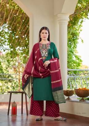 Season Embroidered Kurtis Palazzo With Jacquard Dupatta 3 Piece Set Green Color