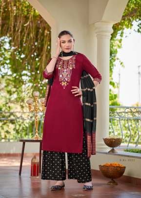 Season Embroidered Kurtis Palazzo With Jacquard Dupatta 3 Piece Set  Maroon Color
