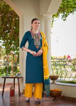 Season Embroidered Kurtis Palazzo With Jacquard Dupatta 3 Piece Set Teal Blue Color