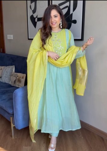 Sindhu Designer  Pure Mul Chanderi With Jacquard  Waiving Lagadi Duppata And Pent Suit Set Sky Blue Color 
