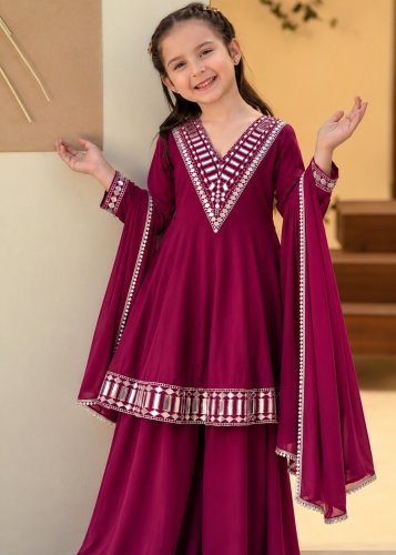  Smart Girls Stylish Top Palazzo Dupatta Set Roman Silk With Heavy Original Mirror Work Magenta Color 