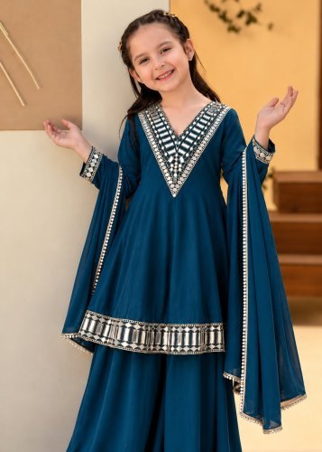  Smart Girls Stylish Top Palazzo Dupatta Set Roman Silk With Heavy Original Mirror Work Teal Blue Color 