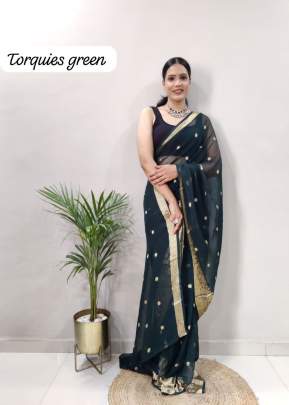 Soft Georgette With Attractive Weaving Belt Ready To Wear Saree Torquies Green Color 