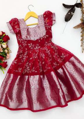Soft Multi-Weaving Organza And Mina Work Designer Kids Gown With Zari Border Red Color LRK DN 005