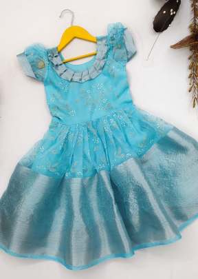 Soft Multi-Weaving Organza And Mina Work Designer Kids Gown With Zari Border Sky Color LRK DN 005