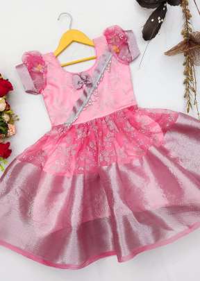 Soft Multi-Weaving Organza And Mina Work Designer Kids Gown With Zari Border Pink Color LRK DN 005
