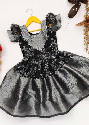 Soft Multi-Weaving Organza And Mina Work Designer Kids Gown With Zari Border black Color LRK DN 005