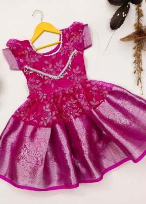 Soft Multi-Weaving Organza And Mina Work Designer Kids Gown With Zari Border Rani Color LRK DN 005