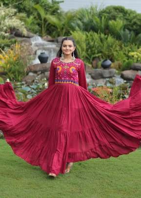 Special Navratri Garba Nights Dress Rayon And  Kutchi With Gamthi Work Gown Red Color DN 9261