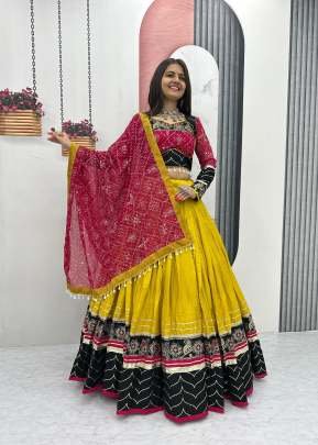 Special Navratri Riyon Cotton And Embroidery Thread With Sequence Work Chaniya Choly Yellow Color DN 264