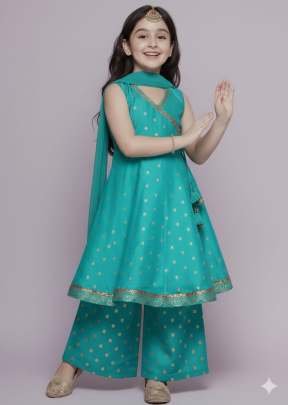 Special New Launch Designer Kids Wear Kurta Sharara With Dupatta Set In Chanderi Silk Fabric Turquoise Color DN 168