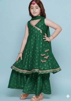 Special New Launch Designer Kids Wear Kurta Sharara With Dupatta Set In Chanderi Silk Fabric Green Color DN 168
