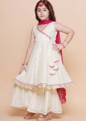 Special New Launch Designer Kids Wear Kurta Sharara With Dupatta Set In Chanderi Silk Fabric White Color DN 168