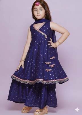 Special New Launch Designer Kids Wear Kurta Sharara With Dupatta Set In Chanderi Silk Fabric Navy Blue Color DN 168