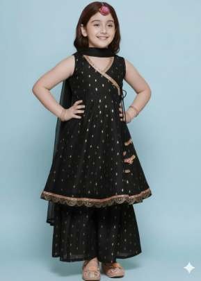 Special New Launch Designer Kids Wear Kurta Sharara With Dupatta Set In Chanderi Silk Fabric Black Color DN 168