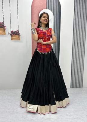 Special Pure Cotton Foil Print With Lumpi Lace Border And Heavy 6 Flair Navratri Lehenga Choli Black Color DN 251