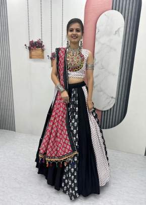 Special Pure Cotton Gamathi work With 9 Flair Navratri Chaniya Choli White And Black Color DN N36