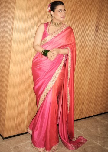 Style Designer Saree Soft Chinnon in Beautiful Sequins Embroidery Work In Heavy Bagnoli Pink And Orange Color