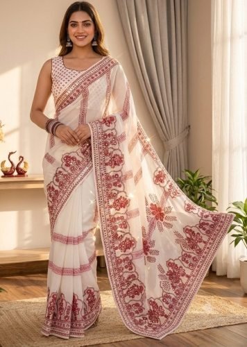 Style Designer Soft Fox Georgette  Beautiful  And Real Mirror Work Off-White Color LFH NC DN 5632