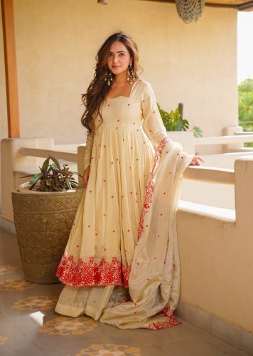 Stylish Anarkali Gown Palazzo Dupatta Set Heavy Silk With Embroidery Sequence Work Off White Color LFH TD DN 6129