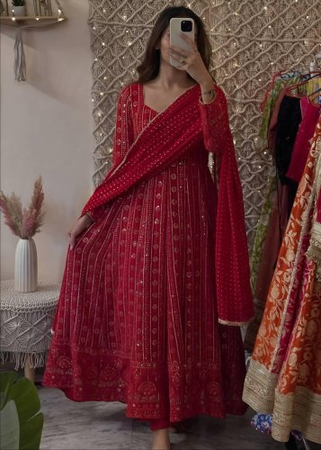 Stylish Anarkali Gown Suit Set Faux Blooming With Lakhani Embroidered Sequence Work Maroon Color LFH TD DN 6101