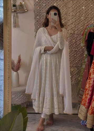 Stylish Anarkali Gown Suit Set Faux Blooming With Lakhani Embroidered Sequence Work White Color LFH TD DN 6101