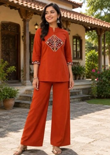 Stylish And Designer Taj Mahel 2 Cotton With Embroidery Work Cord Set  Rust Orange Color