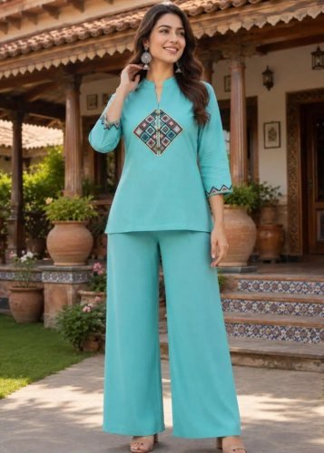 Stylish And Designer Taj Mahel 2 Cotton With Embroidery Work Cord Set Sky Blue Color