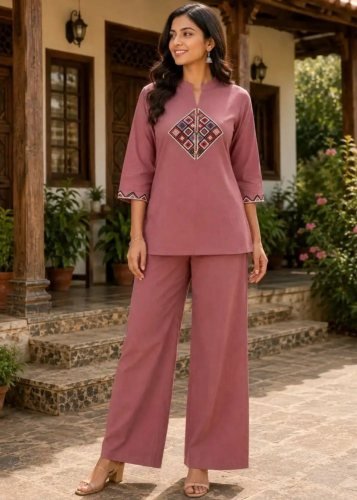 Stylish And Designer Taj Mahel 2 Cotton With Embroidery Work Cord Set  Light Pink  Color